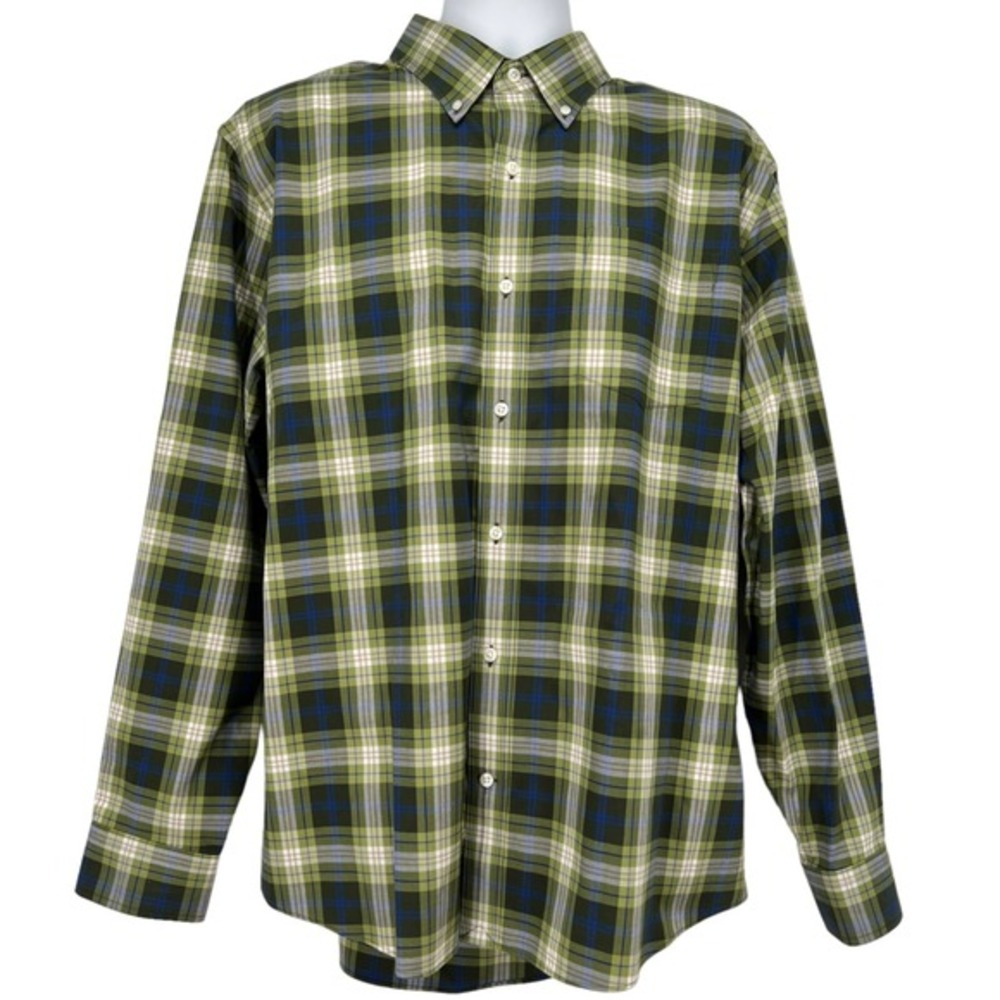 LANDS END Men's Traditional Fit Plaid Long Sleeve Button Green Blue Shirt Sz XL‎